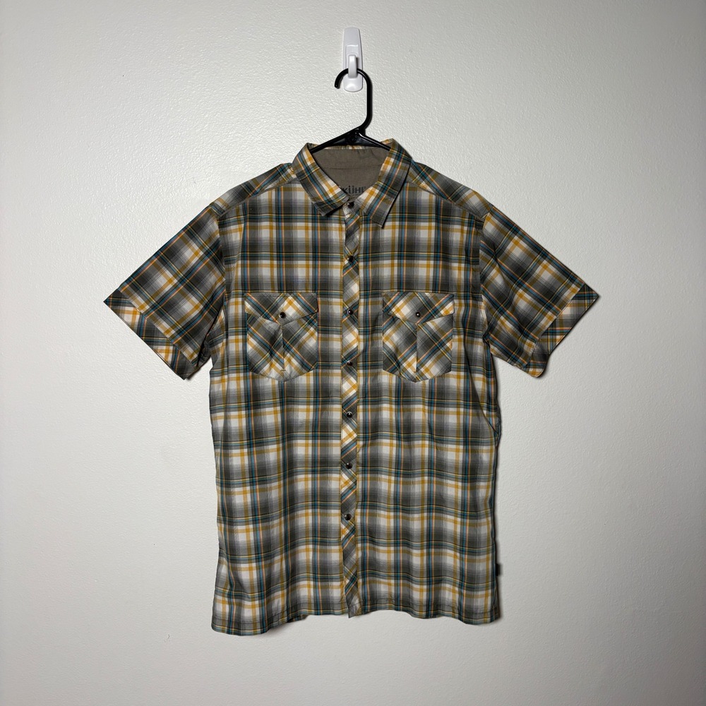 Kuhl Mens Short Sleeve Plaid Snap Button Down Shirt Yellow Grey Blue Size M